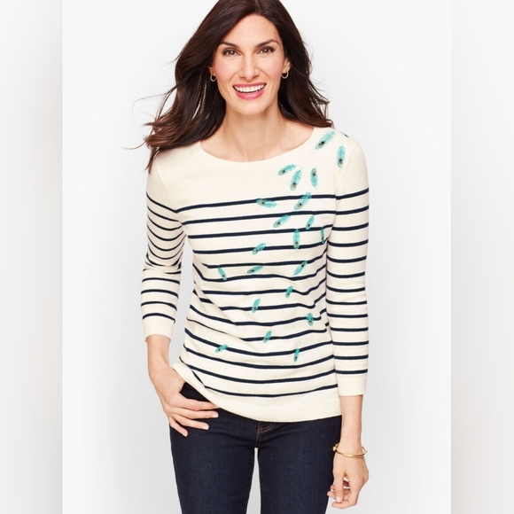 Talbot's Striped Embroidered Peacock Feather Cotton Blend Lightweight Sweater L - Picture 1 of 10